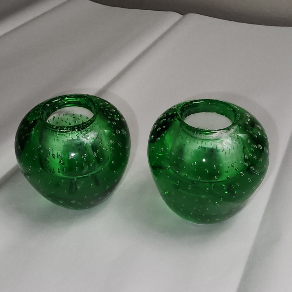 2 Emerald Green Art Glass Candle Holders Controlled Bubble Bullicante